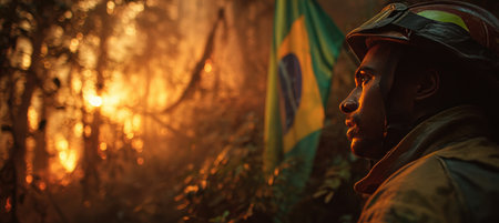 A Brazilian firefighter stands before the national flag, with a jungle fire glowing in the background. The scene captures the intense, cinematic atmosphere with warm, golden tones.の素材