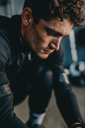 A dedicated athlete prepares mentally and physically for a time trial, wearing branded gear in a minimalist environment. The image captures the intensity and focus required for peak performance.の素材