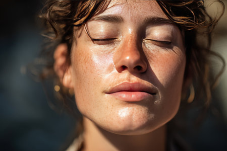 A serene close-up portrait of a woman meditating with eyes closed, bathed in sunlight. Her calm expression and the blurred natural background create a peaceful atmosphere.の素材