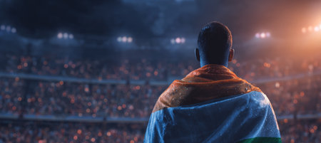 A panoramic view of an athlete standing with a national flag draped over their shoulders in a stadium. The scene is illuminated by bright lights and filled with cheering fans, creating a vibrant atmosの素材