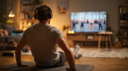 A man performs sit-ups on a workout mat while wearing headphones, with a smart TV in the background streaming a virtual fitness class in a cozy home setting.の素材