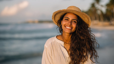 A young woman with long wavy hair and a straw hat smiles brightly while standing on a tropical beach at sunset. The ocean waves and palm trees create a serene background.の素材