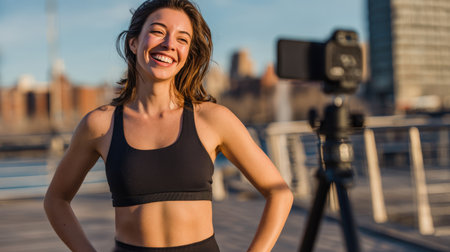 A cheerful fitness influencer records a workout session outdoors using a tripod and smartphone. The natural city environment adds an authentic vibe to the scene.の素材
