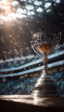 A close-up image of a shiny sports trophy on a podium, featuring dramatic lighting and reflections. The background shows blurred stadium seats, enhancing the trophy's prominence.の素材