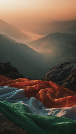 The Indian flag is elegantly draped over a mountain pass at sunrise, with mist enveloping the landscape. The tricolor fabric glows in the cinematic travel tone, creating a serene scene.の素材
