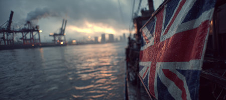 A British flag adorns a cargo ship on the Thames at dawn, with mist and reflections creating a gritty, cinematic atmosphere. The side perspective captures industrial cranes.の素材