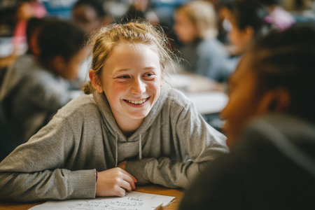 A smiling girl enthusiastically explains a math problem to her friend in a lively classroom. The warm daylight enhances the collaborative and engaging learning environment.の素材