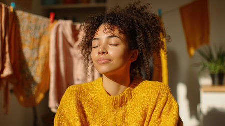 A young African American woman in a yellow sweater enjoys the scent of clean laundry with eyes closed, in a relaxed home setting. The modern interior and natural lighting create a cozy atmosphere.の素材