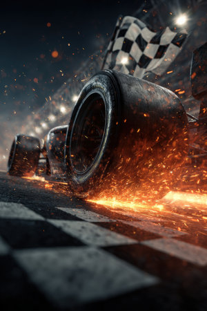 Experience the thrill of racing with a checkered flag waving at the finish line. Sparks fly from tires in this intense, cinematic, ultra-realistic moment of victory.の素材