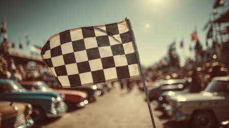 Sepia-toned image of a checkered flag waving at a vintage car rally, capturing a nostalgic cinematic atmosphere with lens flares and classic cars in the background.の素材