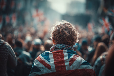 A British fan stands with a Union Jack flag draped over their shoulders, surrounded by a softly blurred crowd, capturing a moment of quiet determination and national pride.の素材