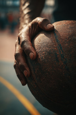 A detailed close-up of a hand gripping a worn basketball, with court lines in the background. High contrast lighting highlights the texture, emphasizing the sport's intensity.の素材