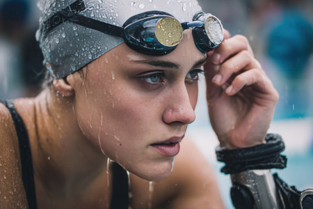 A female para-swimmer adjusts her goggles at the poolside, with water droplets on her shoulders and a prosthetic leg beside her, showcasing determination and athleticism.の素材