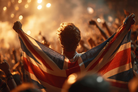 A passionate British fan cheers with the Union Jack flag waving behind, capturing cinematic emotion and vibrant crowd energy in warm golden tones.の素材