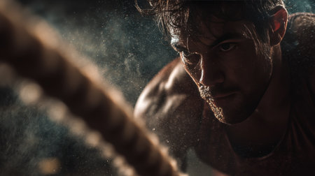 A male athlete is captured mid-motion during a battle rope workout. Sweat droplets and dramatic side lighting enhance the gritty atmosphere of the workout space.の素材