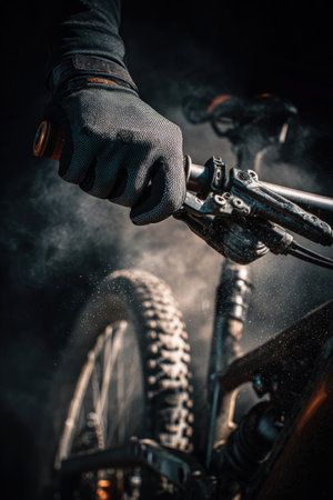A close-up of a gloved hand shifting gears on a high-end mountain bike. Dust particles float in the air, with dramatic lighting highlighting the bike's intricate details.の素材