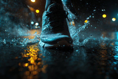 Dynamic close-up of running shoes hitting wet pavement at night, with water splashing and light reflecting off the asphalt, creating a moody and energetic atmosphere.の素材