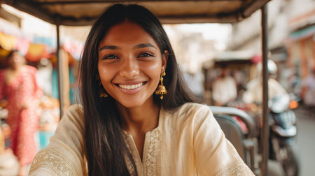 A young woman with straight black hair and warm brown skin smiles while driving through a colorful marketplace. She wears a cream kurta and earrings, capturing a candid lifestyle moment.の素材