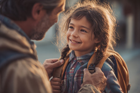 A father lovingly adjusts his daughter's backpack straps before school, capturing a tender moment in soft morning light. The close-up highlights their warm interaction and smiles.の素材