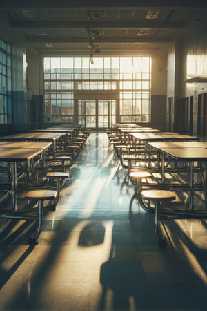 An empty school cafeteria featuring symmetrical tables and chairs, illuminated by sunlight. The spacious layout offers room for banners or messages, ideal for commercial use.の素材