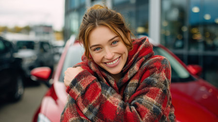 A young woman with brown hair and fair skin joyfully hugs the hood of a shiny red car in a dealership. She wears a plaid jacket, capturing a cinematic lifestyle moment.の素材