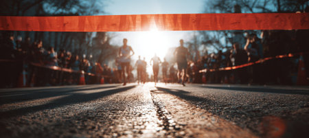 Runners break through the finish line tape in a marathon, cheered by a lively crowd. Sunlight beams from behind, creating a dramatic and inspiring scene of athletic achievement.の素材
