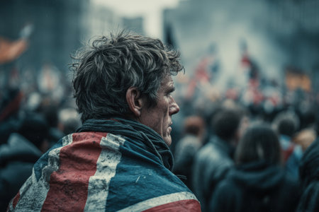 A British fan draped in a flag stands amidst a blurred crowd, exuding quiet determination. The cinematic portrait captures the essence of national pride and resilience.の素材