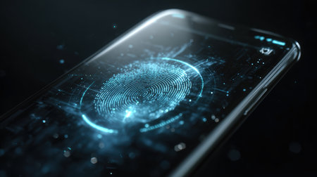 A modern smartphone screen showcasing a glowing biometric identification interface, highlighting advanced digital security technology in a futuristic design.の素材
