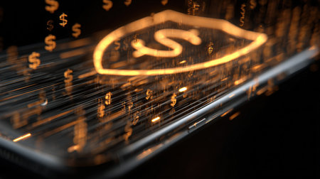 Digital data streams in currency symbol shapes flow into a smartphone, with a glowing security shield in the background, illustrating encrypted mobile transactions.の素材