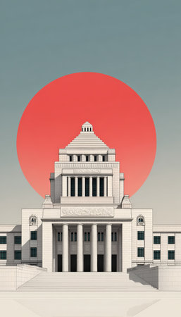 Illustration of the Japanese Diet Building with a rising sun flag overlay. The image features minimalist design, clean geometry, and high-detail symmetry in a modernistic tone.の素材