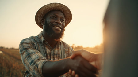 An African man in farm attire greets a partner with a handshake in an open countryside setting. The sun flare adds a cinematic storytelling atmosphere to the scene.の素材