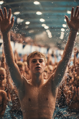 A teenage swimmer raises his arms in celebration after achieving a personal best time, with water dripping from his body. Teammates are seen clapping in the background, sharing in the joy.の素材