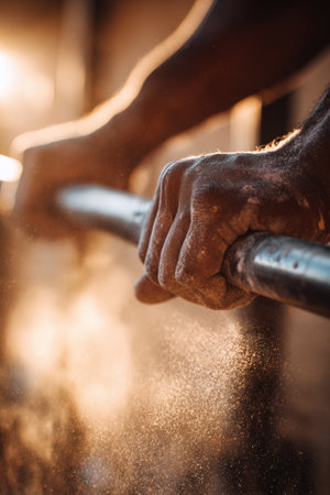 A close-up image of strong hands gripping a steel bar, with chalk dust in the air. The scene is set in an urban outdoor gym, highlighted by warm backlighting.の素材