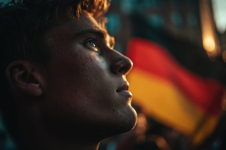 A German fan gazes proudly at the national flag, captured in a reflective and cinematic composition during golden hour lighting, highlighting a sense of patriotism and contemplation.の素材