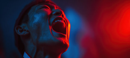 A South Korean fan shouts in excitement, illuminated by vibrant red and blue lights. The cinematic, futuristic tone enhances the dramatic atmosphere, reflecting national pride.の素材