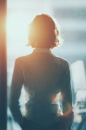 A woman stands confidently, viewed from behind, looking out a bright office window. The image features blurred textures and a white gradient overlay, ideal for clean UX design.の素材