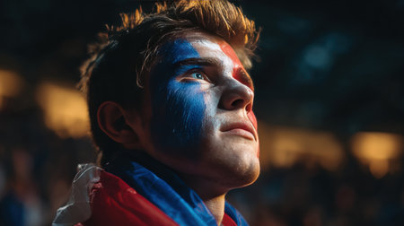 A young fan with French tricolor face paint gazes upward, wrapped in the national flag, during an anthem. The scene captures emotional sports realism with cinematic bokeh and golden light.の素材
