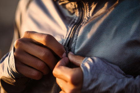 A detailed close-up of hands zipping a sleek, reflective running jacket. The early morning light highlights the fingers and fabric texture, emphasizing the product's design.の素材