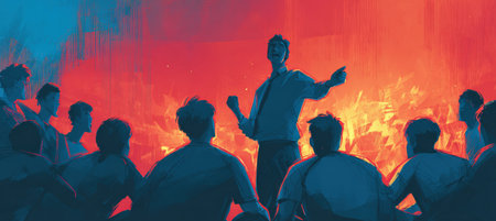 Illustration of a sports coach delivering an energetic pep talk to a team before a match. Players are gathered around, showing attentive and motivated body language.の素材