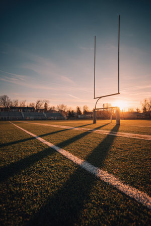 A solitary goalpost stands on an empty turf field, casting long shadows as the sun sets. The image highlights the structure and open space, creating a serene atmosphere.の素材