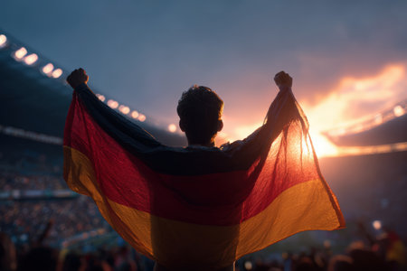 A passionate German fan celebrates victory, holding a glowing flag in a stadium illuminated by sunset light, capturing the energy and excitement of the moment.の素材