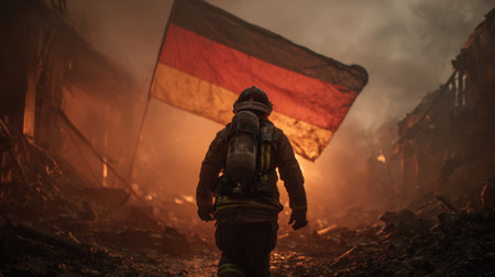 A German firefighter stands heroically in smoky ruins, with the national flag as a backdrop. The scene is moody and cinematic, featuring glowing embers and deep shadows.の素材