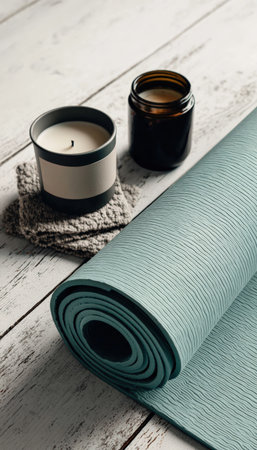 A high-angle view of a rolled yoga mat, scented candle, and herbal tea on a white wooden floor, symbolizing wellness and balance. Perfect for promoting relaxation and mindfulness.の素材