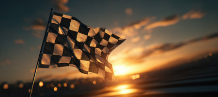 A checkered flag waves mid-air as a race winner crosses the finish line. The glowing sky and heat haze create a cinematic atmosphere, capturing the energy and focus of the moment.の素材