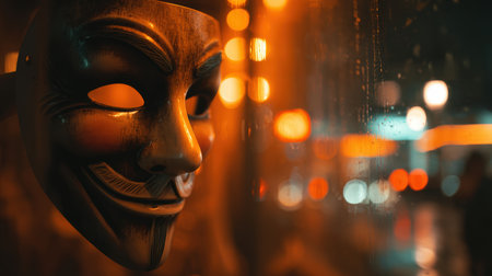 A creepy Halloween mask is displayed in a shop window, surrounded by a glowing orange light. The scene creates a cinematic and eerie festive mood, perfect for Halloween.の素材