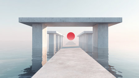 A minimalist seaport scene featuring a Japanese flag, showcasing architectural symmetry and aesthetic serenity. Soft light and smooth textures create a tranquil morning atmosphere.の素材