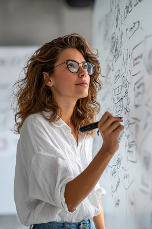 A woman entrepreneur with a professional appearance sketches a product roadmap on a whiteboard. The image features a clean aesthetic and a soft focus background, highlighting her focus.の素材