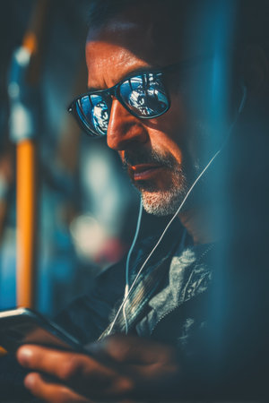 A man on a bus uses mobile banking, with account balance and currency conversion rates reflected in his sunglasses. The photorealistic image captures modern technology in transit.の素材