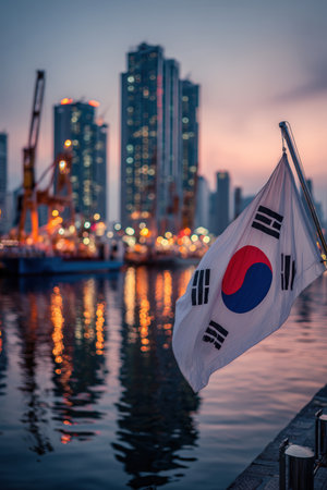 The South Korean flag flutters in Busan harbor at dusk, with cranes and skyscrapers in the background. Neon reflections create a vibrant, futuristic atmosphere in a wide cinematic frame.の素材