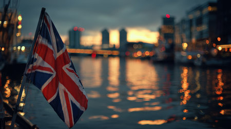 The British flag waves above the Thames River in London, capturing the sunset's glow and city lights reflecting on the water. The scene exudes cinematic elegance and balanced composition.の素材